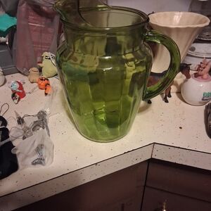 Anchor Hocking Sprucewood Avocado Green Glass Pitcher.